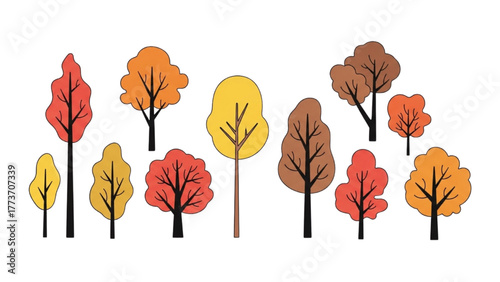 Vibrant Autumn Forest Collection Illustrated Set of Diverse Fall Trees with Colorful Foliage for Seasonal Designs