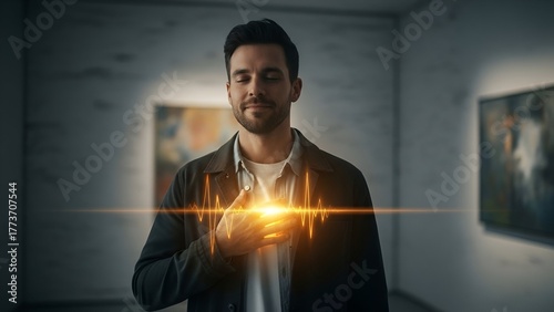 Man in gallery with hand on chest; graphic heart beat emanates. Modern art pieces adorn walls