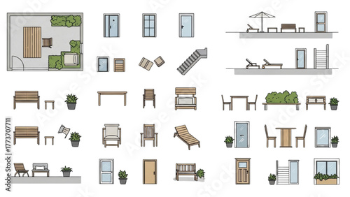 Architectural Elements and Outdoor Furniture Top View Layouts and Designs