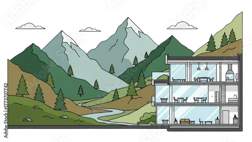 Scenic mountain valley landscape featuring a cross-section view of a modern multi-story home