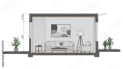 Cross-Sectional View of a Contemporary Living Room Design and Interior Elements