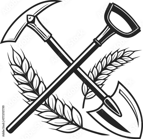 Rustic garden tools crossed with wheat stalks emblem design isolated on transparent background