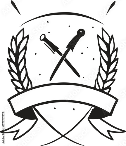 Elegant emblem of crossed swords and shield with banner for heraldry and vintage design isolated on transparent background