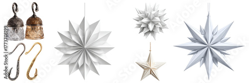 Decorative festive hanging ornaments consisting of stars and bells in gold and silver colors on transparent background