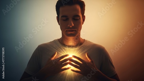 Man, eyes closed, radiating light from chest, serene expression, orange and blue background
