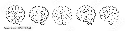 Brain with question mark icons vector outline set