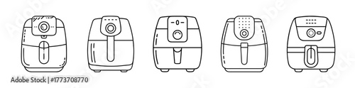 Five air fryer outline icons set for healthy cooking