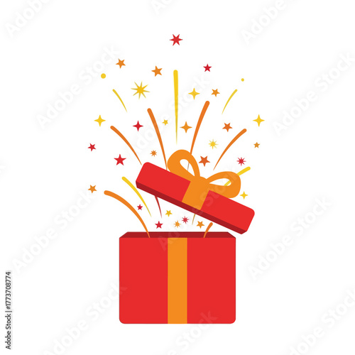 Vector illustration of open red gift box with orange ribbon, colorful fireworks and confetti bursting out, celebration and surprise concept