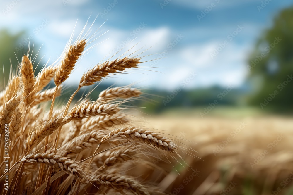 Fototapeta premium Golden autumn harvest field with ripe wheat swaying gently under soft sunlight, creating a serene and picturesque rural landscape with natural beauty