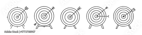 Five target archery icons showing successful aiming result