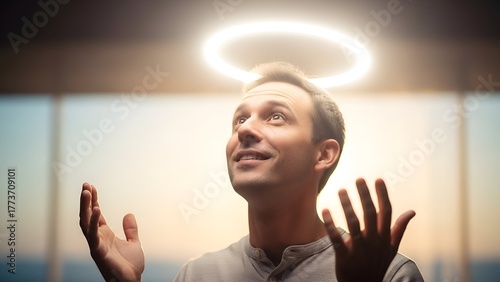 Smiling man looks upward with open hands, illuminated by a halo. Background features a window