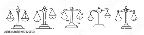 Outline icons set of measuring weight and justice scale.