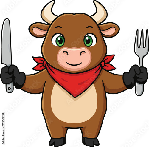 Cartoon cow character with red bandana, fork and knife, funny dining mascot, farm animal illustration, food restaurant vector art design