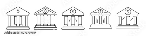 Bank building architecture line icons set with dollar sign