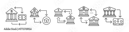 Banking and finance transaction icons set line art