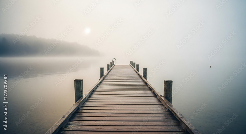 Obraz premium Misty morning wooden pier extending into a serene lake