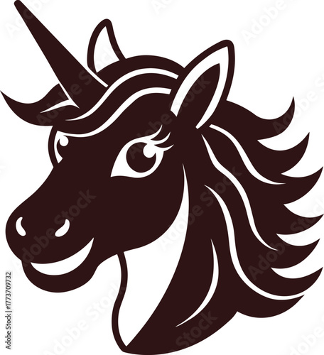 Dark brown unicorn head with detailed mane on white background