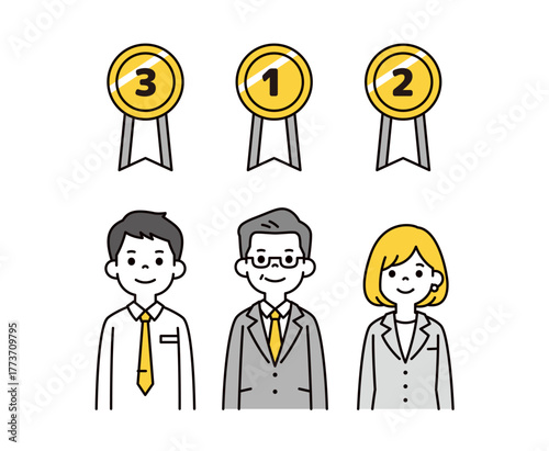 営業成績の順位のメダルと、シニア世代の経営者と従業員の上半身ベクターイラスト素材セット