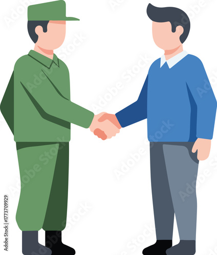 Illustration of a soldier and a civilian shaking hands, symbolizing agreement or partnership.
