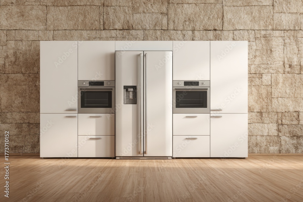 Fototapeta premium Modern kitchen with white cabinets, built-in ovens, and refrigerator.