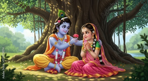 Lord krishna offering a flower to radha under a large tree