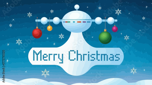 Whimsical cartoon ufo decorated with christmas ornaments and snowflakes in a snowy winter scene wishing merry christmas