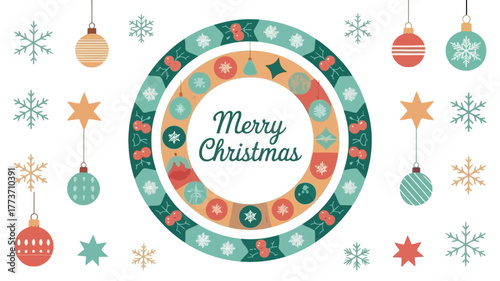 Retro mid century modern christmas oval frame with ornaments and snowflakes festive holiday greeting card design