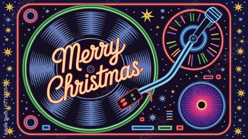 Retro neon sign of a vintage record player with merry christmas text glowing brightly on the vinyl disc