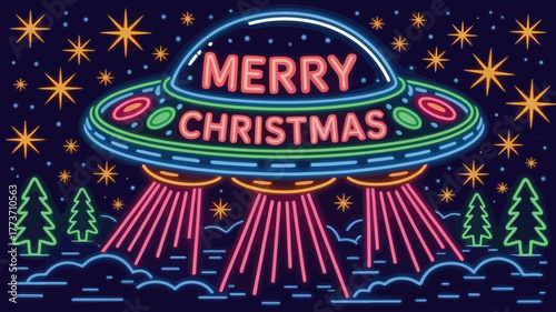 Retro neon spaceship with merry christmas message beaming down on a snowy landscape with stylized pine trees and starry sky