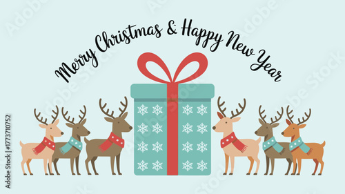 Festive christmas and happy new year greeting card featuring a large gift box surrounded by a herd of cartoon reindeer wearing scarves