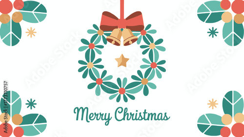 Festive christmas wreath with red bow and golden bells adorned with floral elements and snowflakes on a white background with merry christmas text