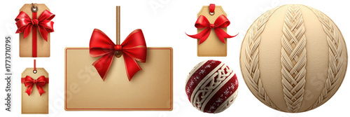 Festive assortment featuring gift tags with vibrant red bows and knitted balls, creating holiday atmosphere on transparent background