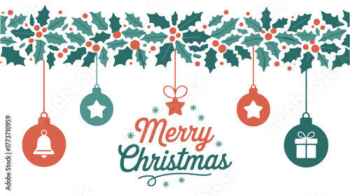 Festive merry christmas garland with hanging ornaments and holly leaves against a white background