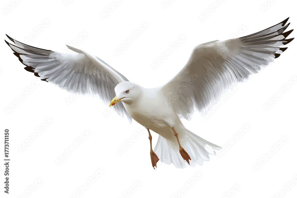 Obraz premium Seagull with open beak soaring against a transparent background, showcasing its wings and vibrant plumage in mid-flight