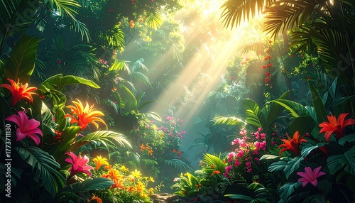 Lush vibrant jungle landscape featuring an array of colorful flowers like red, pink, and yellow, nestled amidst dense green foliage.