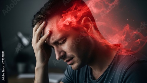 A stressed man with headache, visualized by digital artistic red energy effects