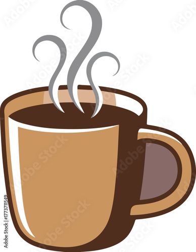 Brown coffee mug vector graphic with hot steaming beverage inside isolated on a transparent background
