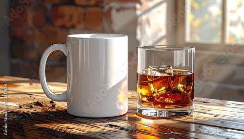 A white ceramic mug and a glass with iced beverage sit side-by-side on a rustic, wooden surface, illuminated by warm sunlight filtering through a nearby window and creating inviting shadows.