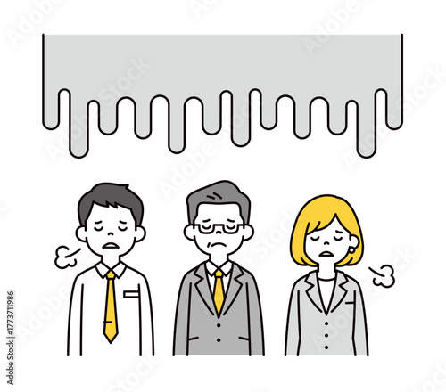 疲れが溜まってうつむく、シニア世代の上司と若い男女の部下の上半身ベクターイラスト素材セット