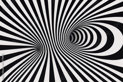  A striking black and white tunnel of curved stripes creates a dizzying optical illusion. The hypnotic spiral and tunnel depth evoke motion and abstraction, ideal for design projects
