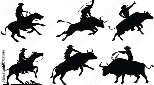 Dynamic rodeo scene with cowboys riding bulls and horses in silhouette, capturing the spirit of the Wild West and competitive sports action