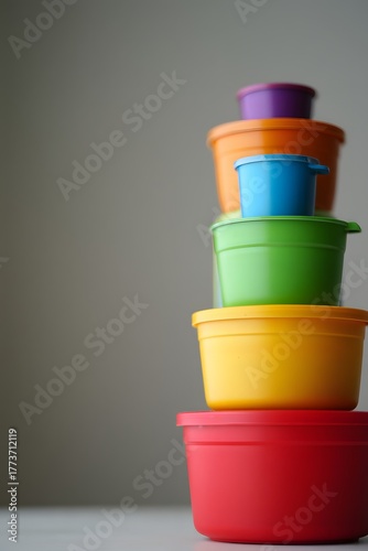 Wallpaper Mural Stacked colorful food storage containers in a vertical arrangement against gray wall Torontodigital.ca