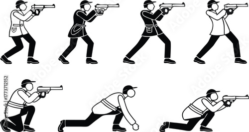 Dynamic figures aiming vintage firearms, ready for action or training, embodying historical representation and vintage weaponry in focus, vector