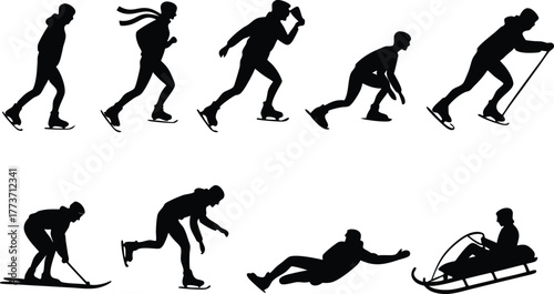 Dynamic winter sports silhouettes for action scenes Speed skating, sledding, and downhill skiing adventure for vibrant designs and visuals