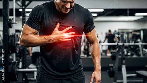 Man experiencing chest pain at gym, highlighted by red glow, other people visible in background
