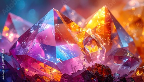 Captivating image depicts a  of brightly illuminated crystalline structures, showcasing a vibrant spectrum of colors including purples, oranges, and blues, with a bokeh effect in the background...