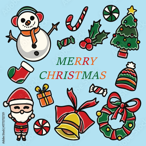 Christmas vector set with Santa, Christmas set of decorative elements and characters for design, Christmas Element Set, Christmas Collection, Christmas icons, including Santa, wreath, ornaments.