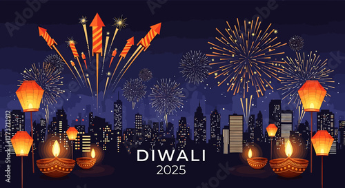 Festive Fireworks Display and Lanterns Illuminate Diwali Night Sky in 2025 Celebration Concept