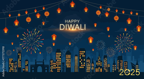 Vibrant urban nightscape celebrating the Festival of Lights with spectacular fireworks, glowing lanterns, and illuminated city buildings, ideal for festive seasonal greetings