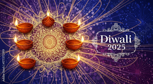 Diwali 2025 Celebration with Traditional Oil Lamps Arranged in a Mandala Pattern on a Festive Background